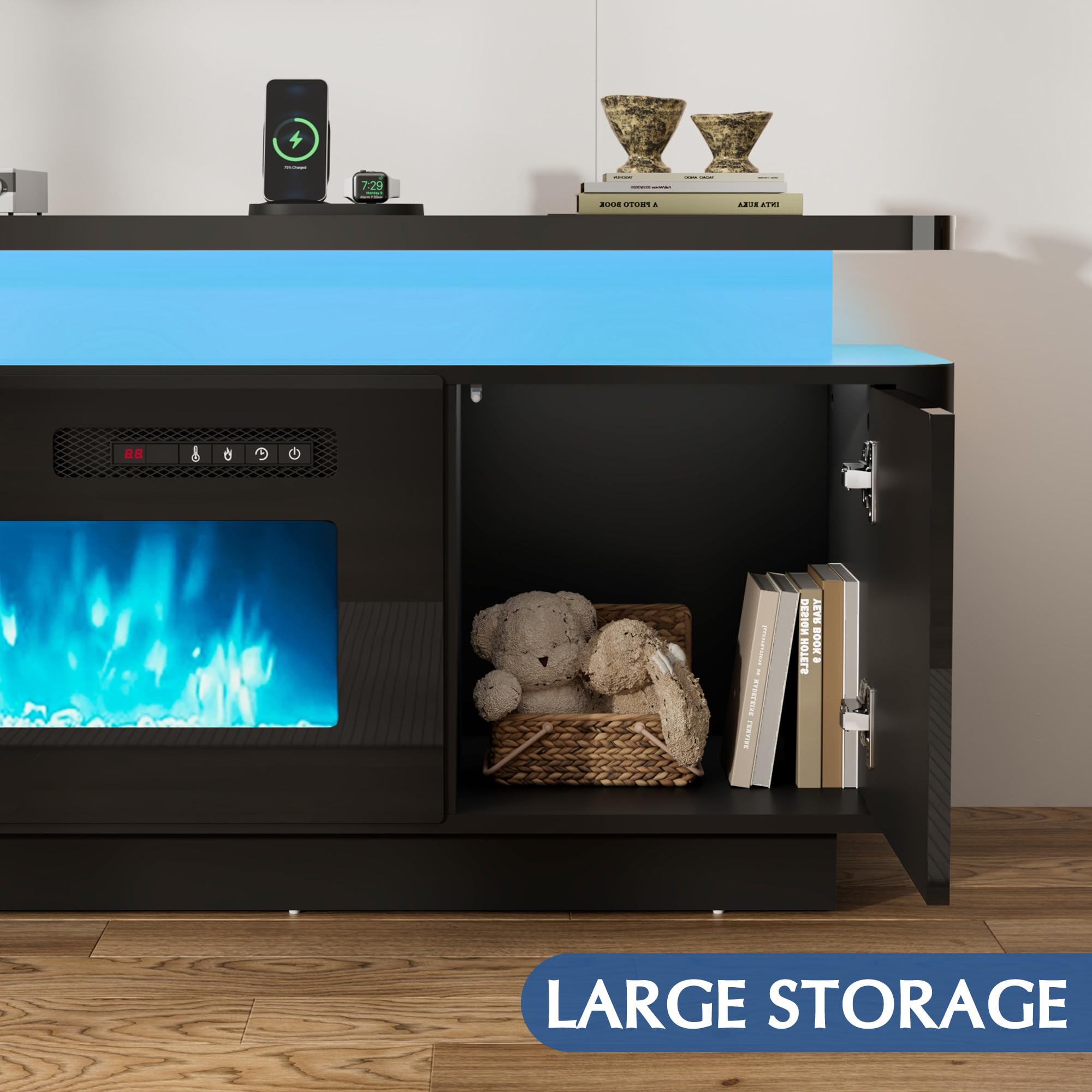 71 Inch Gloss Fireplace Media Console, 36" Electric LED Flame TV Cabinet Fits Up To 80 Inch Television