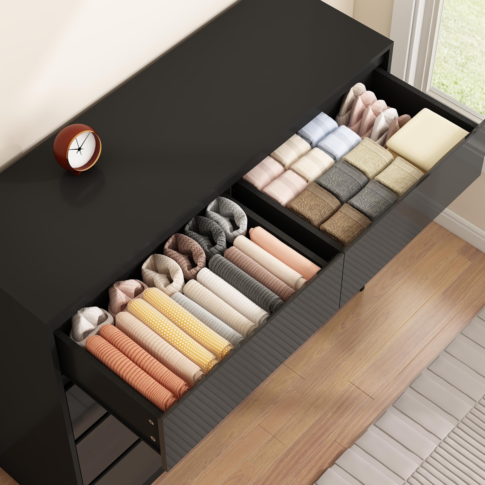 ChVans 8 Drawer Black Dresser for Bedroom, Modern High Gloss 8 Drawers Double Dressers, Wood Chest of Drawer Handle Free,Long Dresser for Bedroom,Living Room,Entryway,Hallway