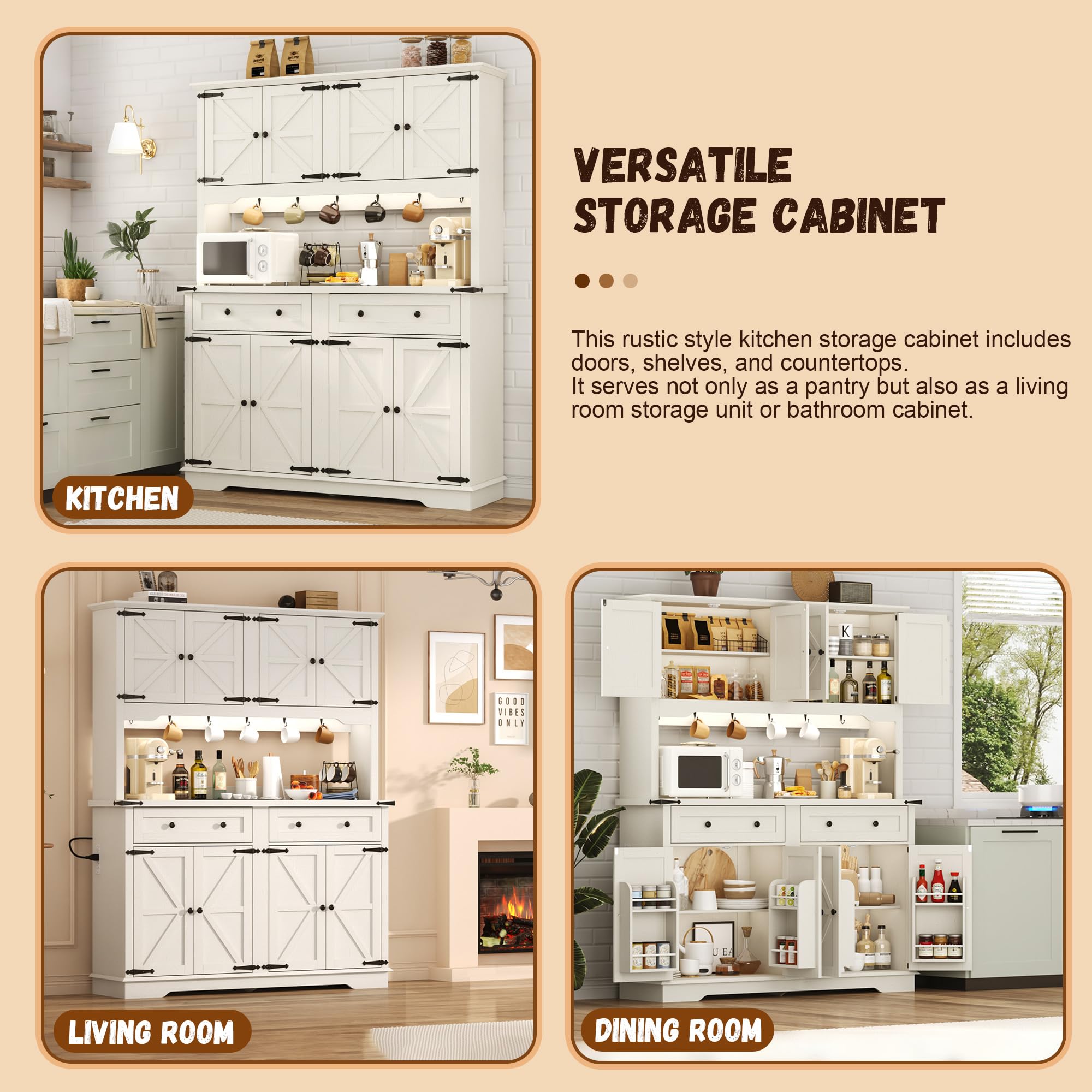 ANPOO 71" Tall Farmhouse Kitchen Pantry Cabinet with LED Light, Power Outlet & 4 Doors with Door-mounted Storage, Large Freestanding Storage Hutch with Open Countertop for Dining Room, Living Room