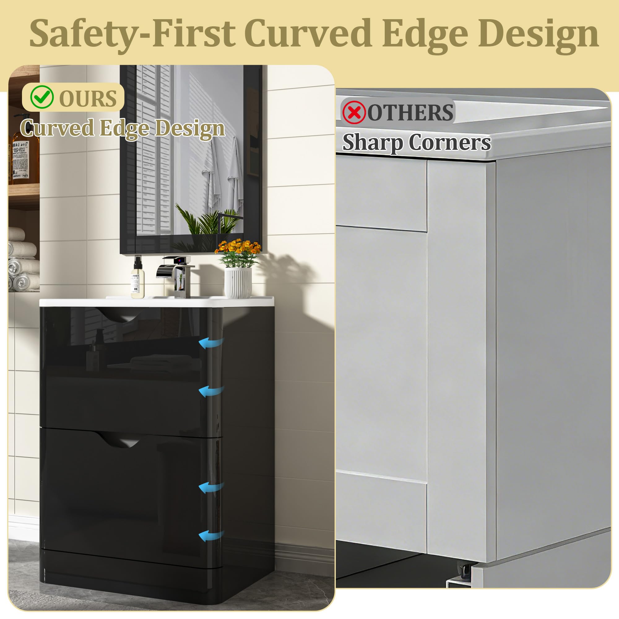 ANPOO 24 Inch High Gloss Bathroom Vanity with Sink, Mirror and Faucet, Freestanding Storage Cabinet with 2 Drawers, Modern Ceramic Sink Vanity Combo