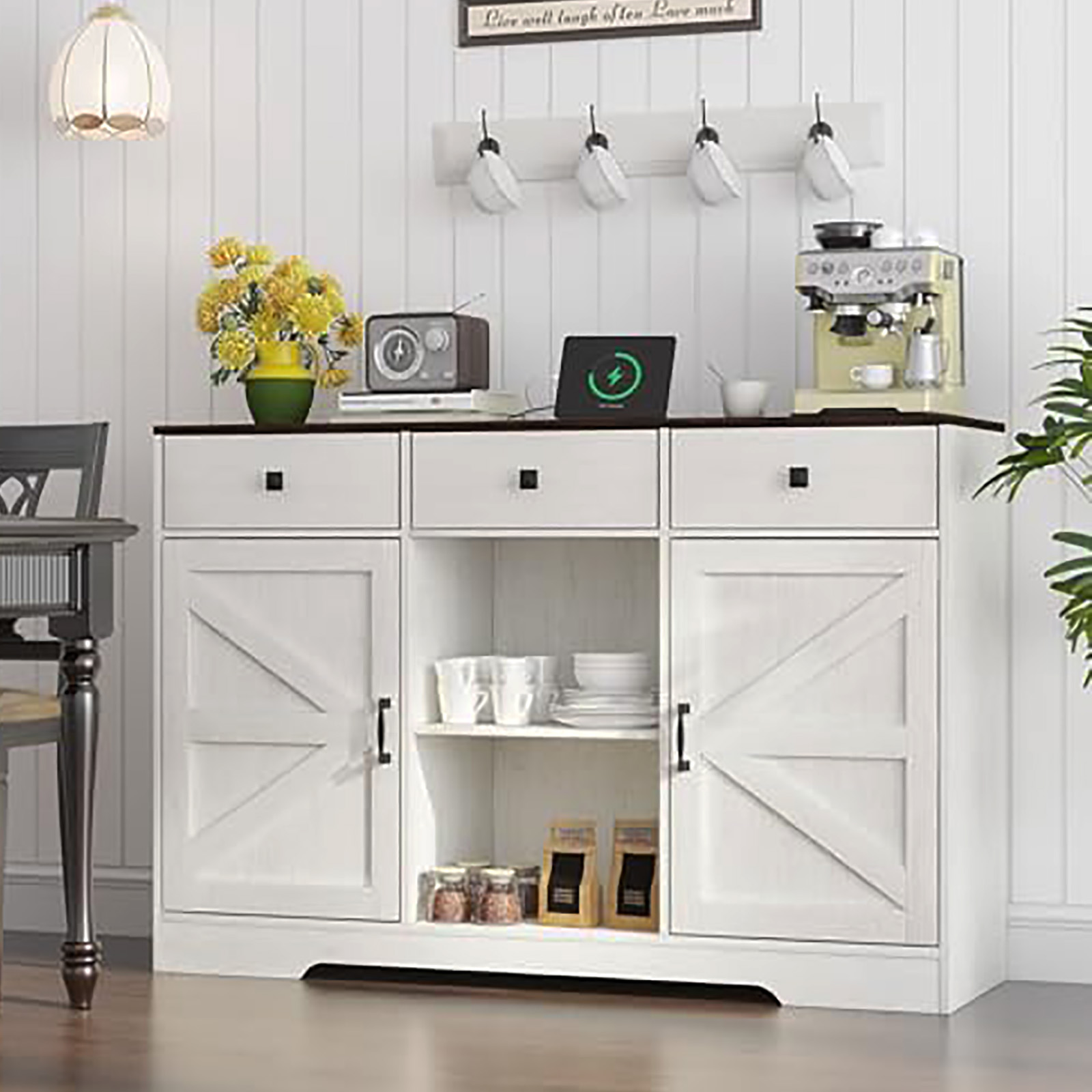 ChVans 54'' 3 Drawer Coffee Bar Cabinet with Power Charging Station & & 2 Doors