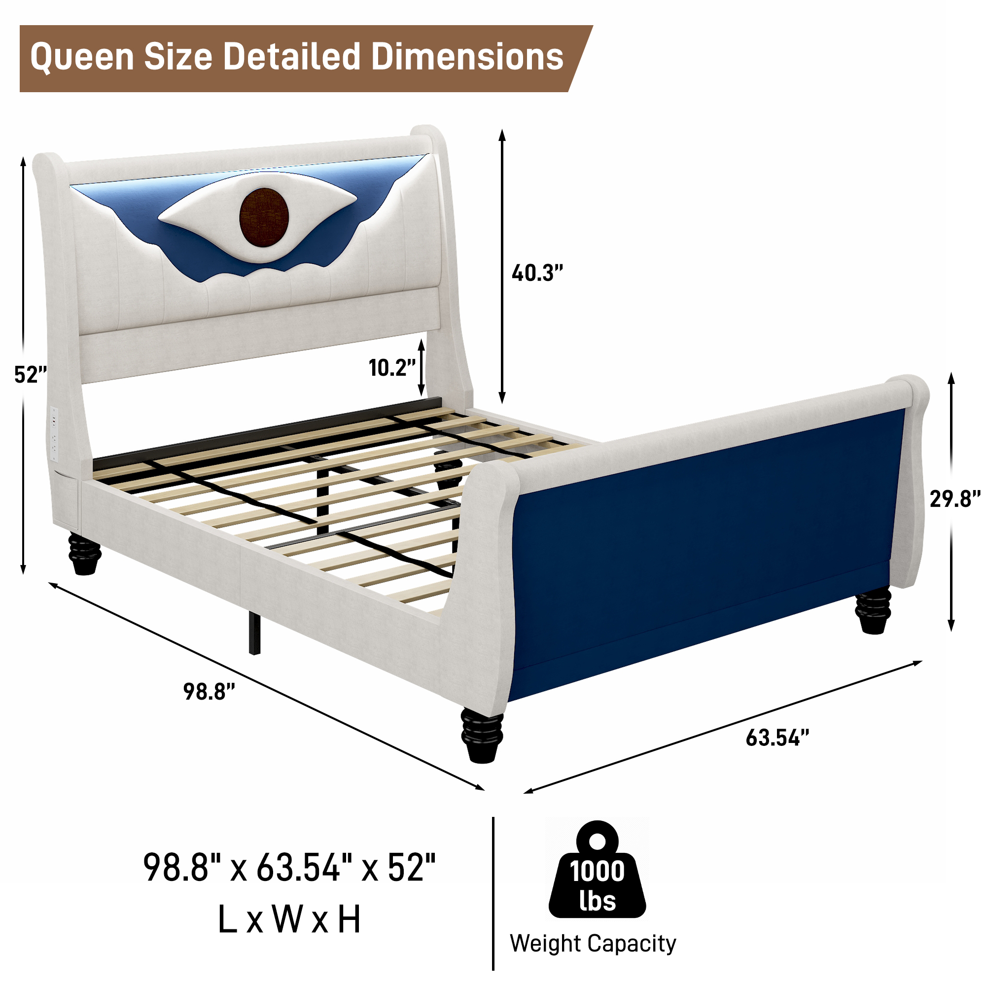 ANPOO LED Upholstered Queen Bed Frame with Solid Wood Feet, 52" Tall Sleigh Headboard and Footboard Bed Frame Queen Size with Charging Station, All-Seeing Eye Design (Blue)