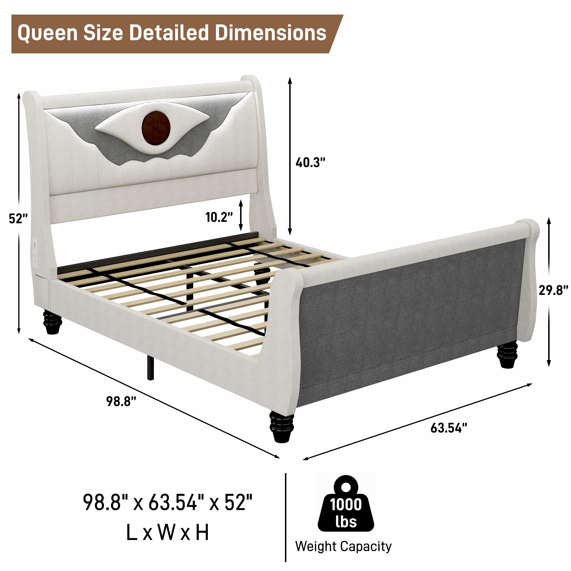 ANPOO LED Upholstered Queen Bed Frame with Solid Wood Feet, 52" Tall Sleigh Headboard and Footboard Bed Frame Queen Size with Charging Station, All-Seeing Eye Design (Blue)