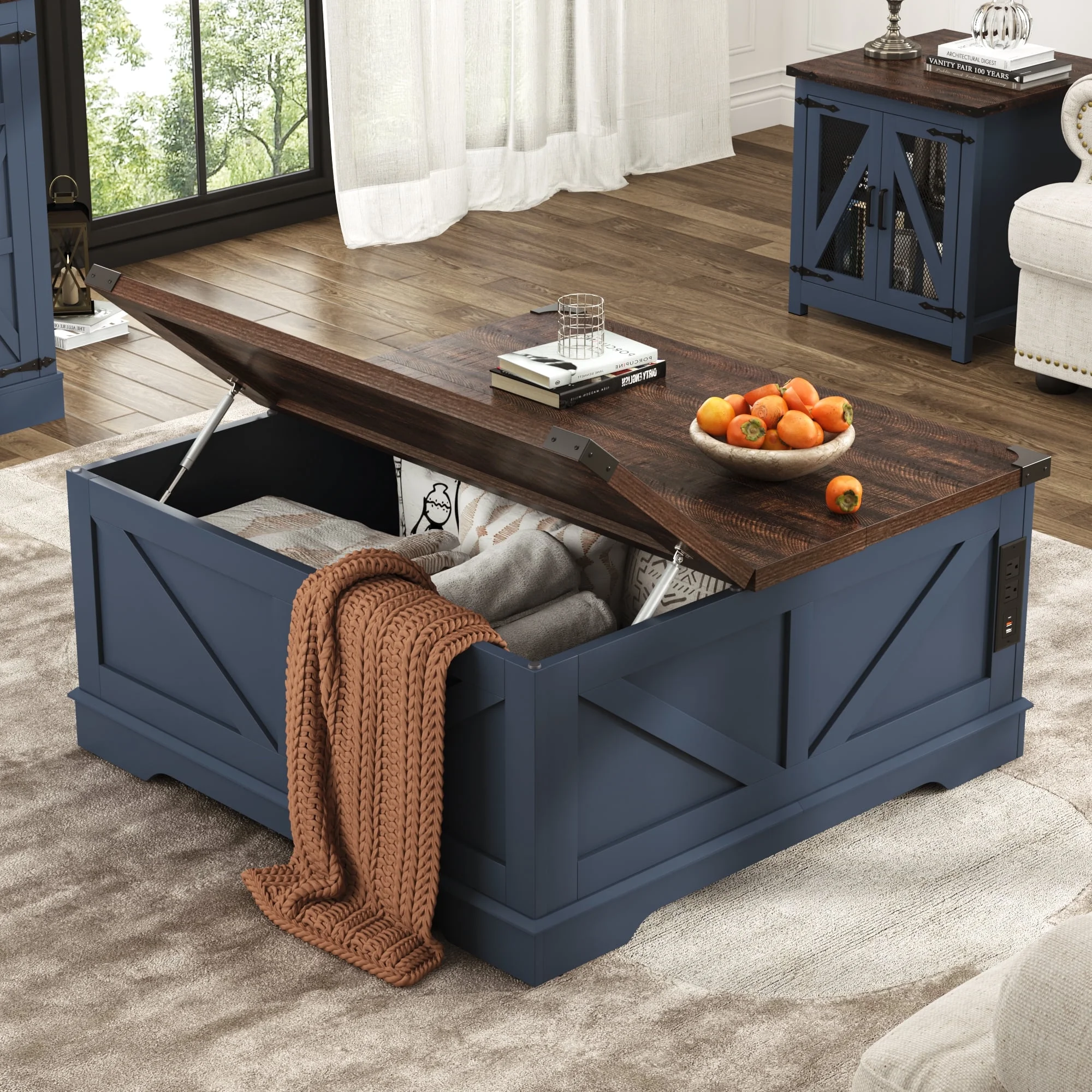 ChVans 35.6" Square Lift Top Coffee Table, Farmhouse Coffee Table with Storage & Charging Ports, Wood Center Table w/Large Hidden Space for Living Room Home Office, Brown