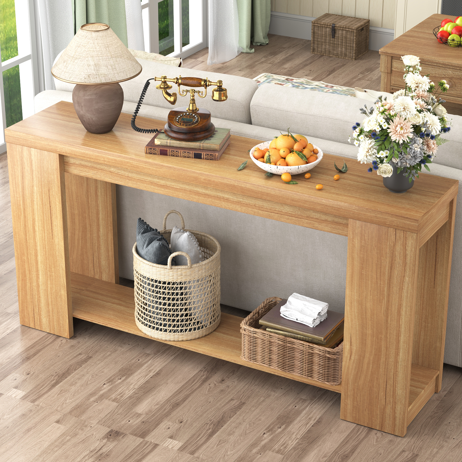 ChVans Farmhouse Long Console Table, 62" Narrow Natural Oak Entryway Table Wood Sofa Table, Entry Table, Behind Couch Foyer Tables for Entryway, Living Room, Entrance