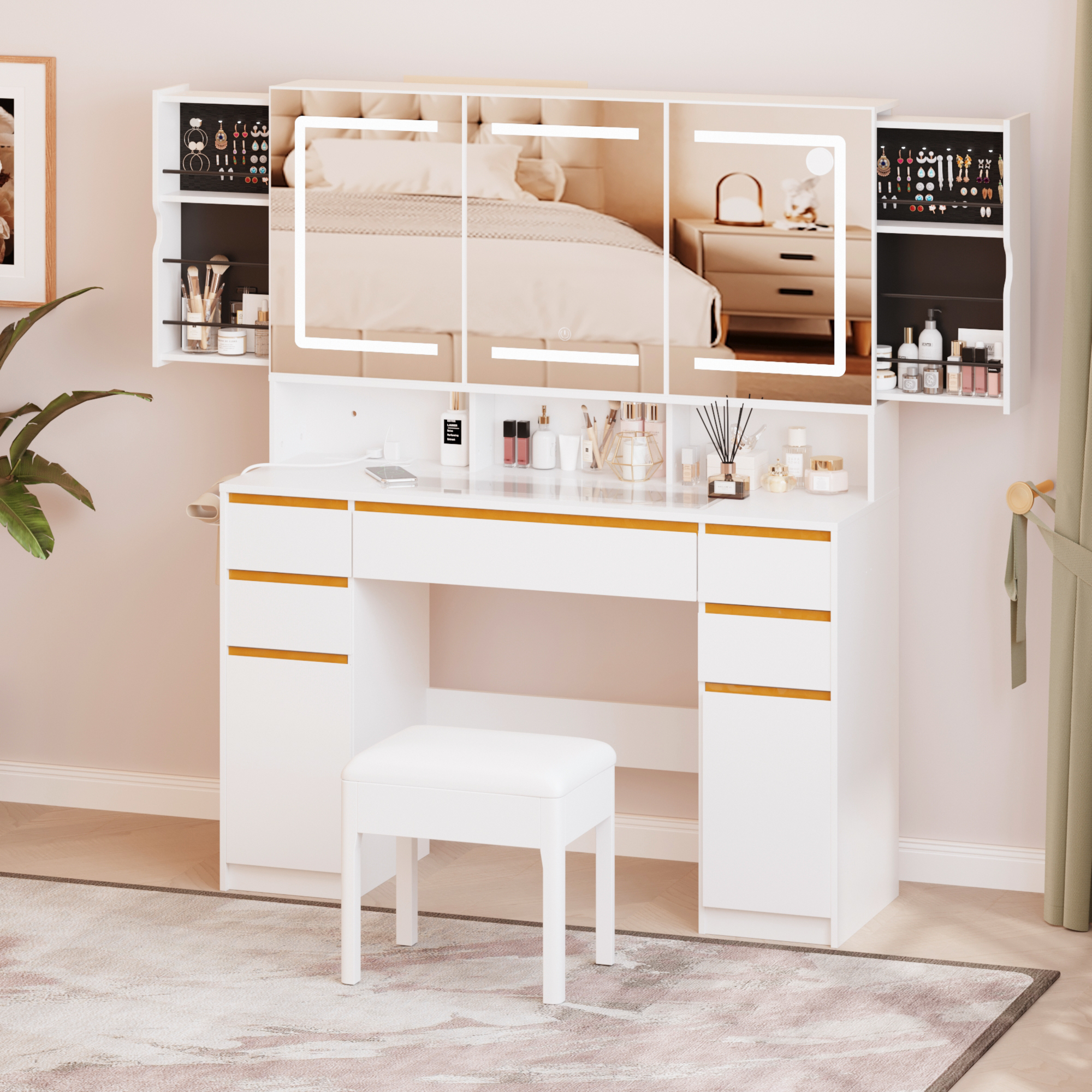 ChVans 47'' Vanity Desk with Large LED Lighted Mirror & Power Outlet, Makeup Vanity with 3 Light Modes, Glass Top, 5 Drawers & 2 Cabinets for Women, Girls Gift