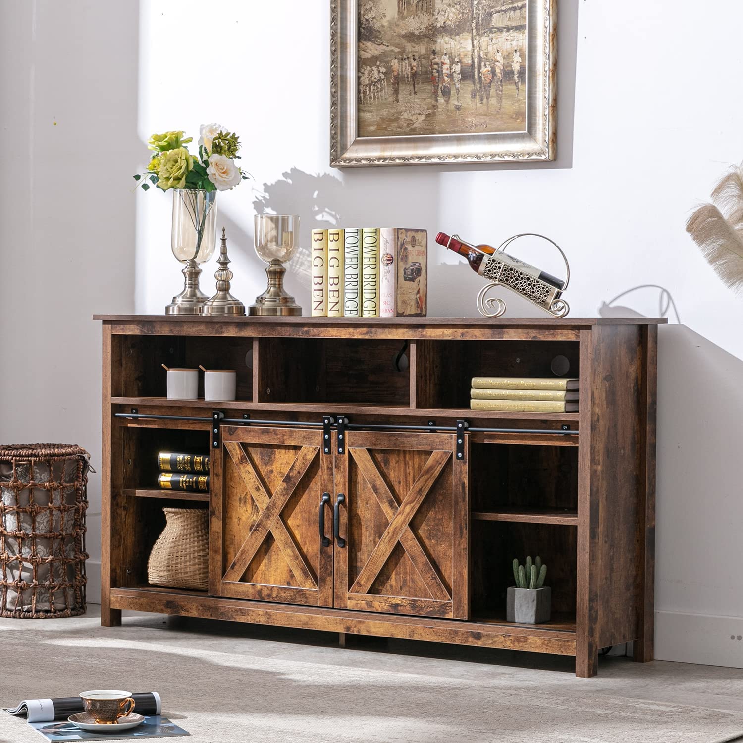 Farmhouse Barn Door TV Cabinet Up to 65" TV Media Console with Open Shelves Adjustable Storage, Entertainment Center with Power Outlets