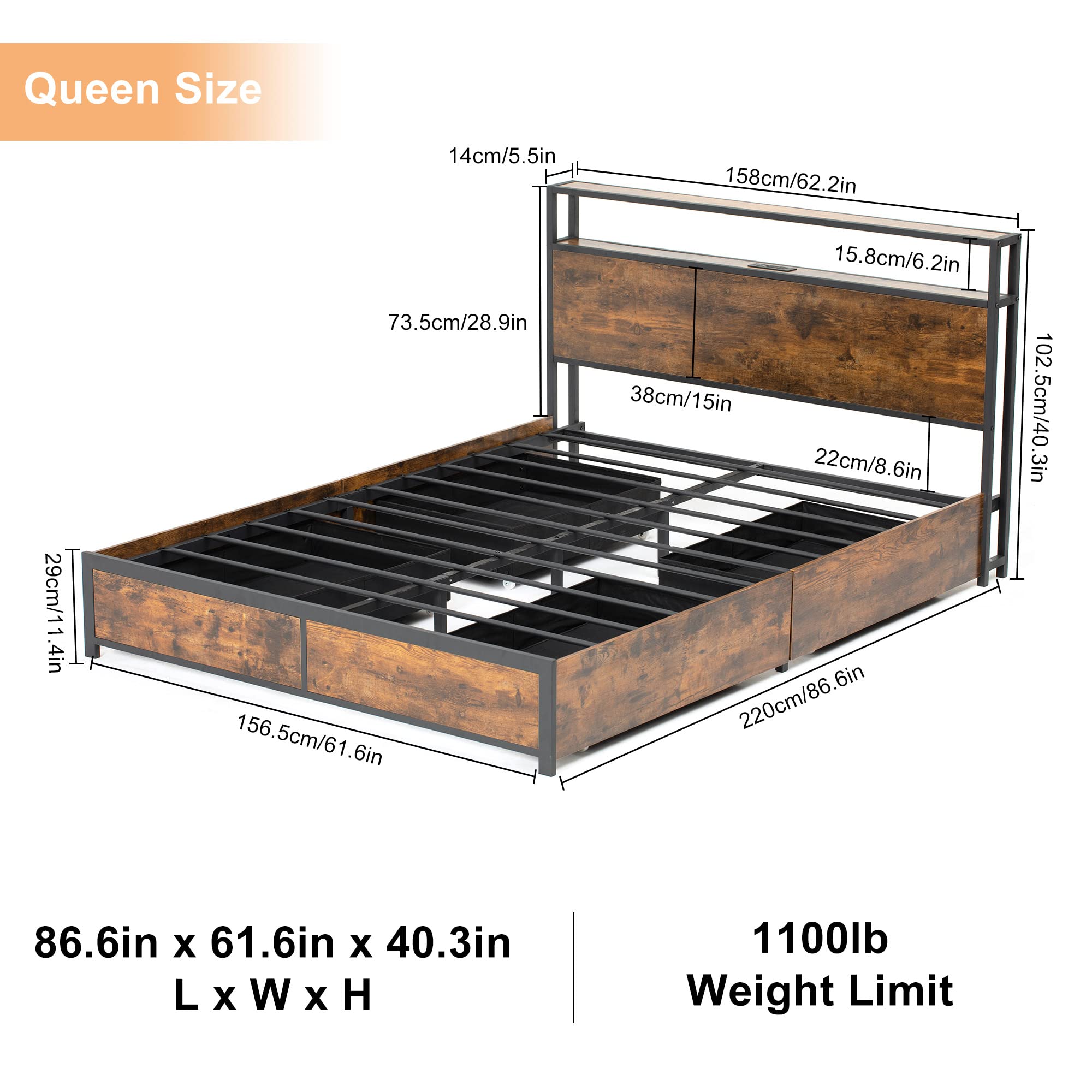LED Bed Frame with Outlets USB Ports, Metal Platform Bed with Storage Headboard & 4 Large Drawers, No Box Spring Needed