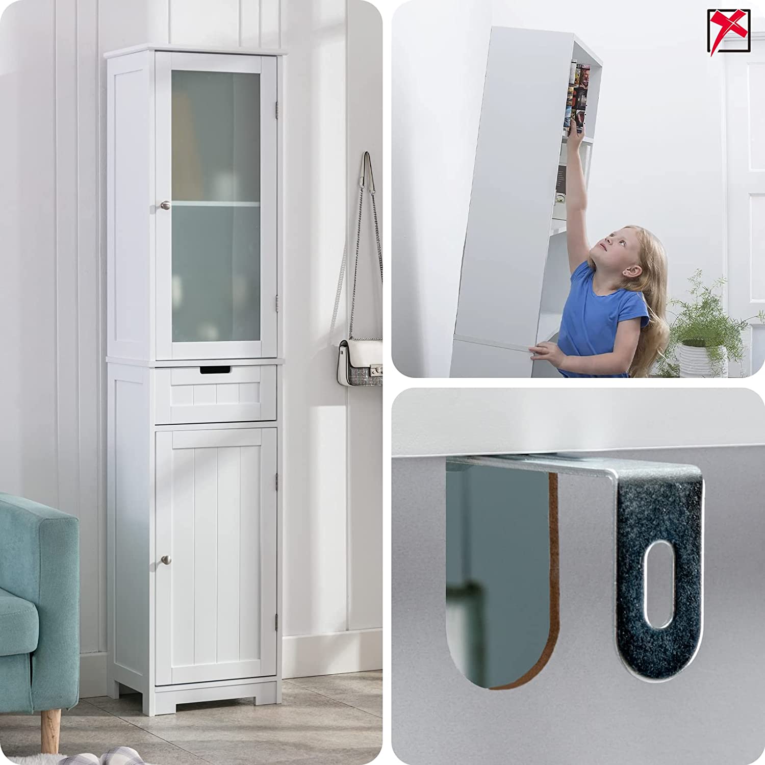CAIDI Bathroom Storage Cabinet, White Linen Cabinet, Narrow Tall Cabinet Storage Tower with Door and Drawer for Kitchen Living Room