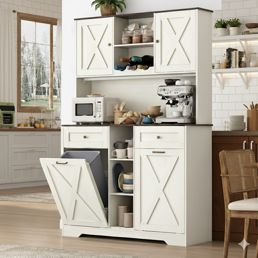 ChVans 71" Tall 47"Wide Kitchen Pantry Cabinet with Charging Station & Microwave Shelf, Farmhouse Kitchen Double Tilt Out Trash Cabinet 10X2 Gallon Garbage Holder with 2 Drawers Storage