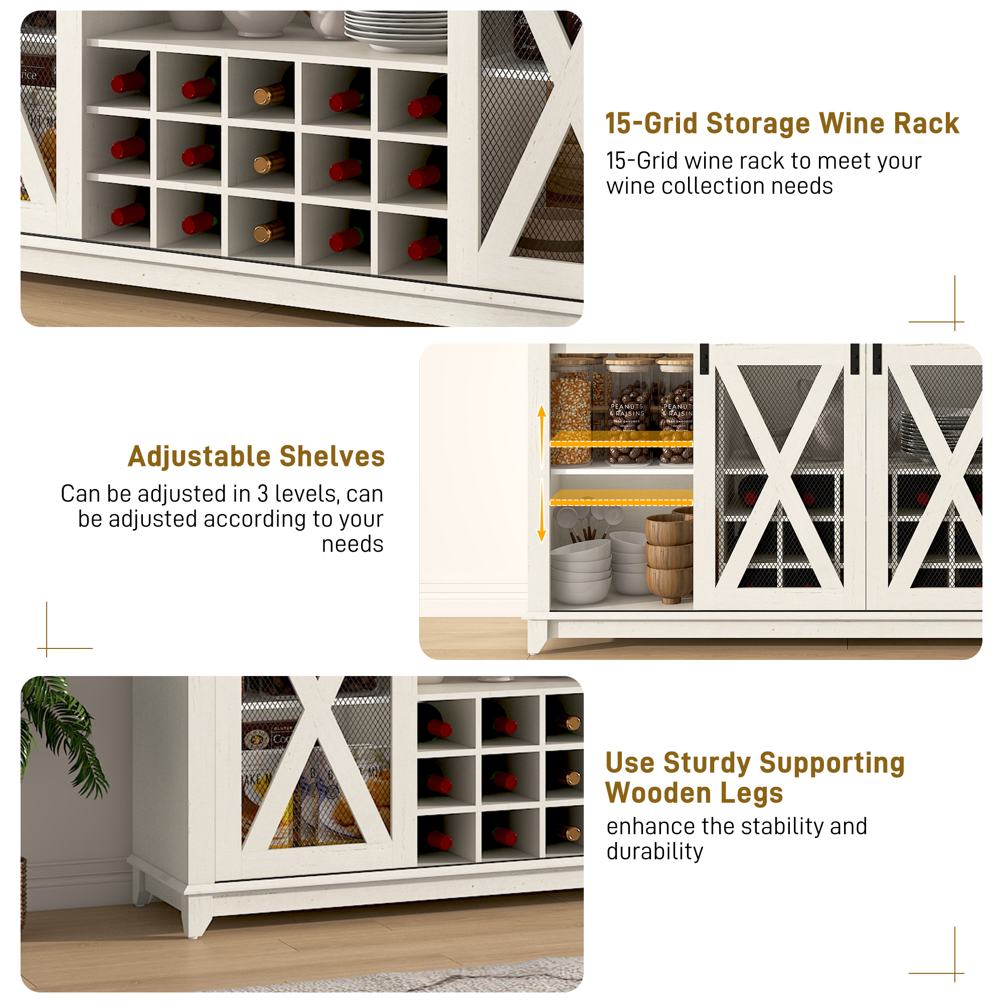 ANPOO 63"W Farmhouse Coffee Bar Cabinet Wine Rack and Storage, Tall Wine Bar Cabinet with 4 Tier Storage Hutch, Buffet Cabinet with LED Light and Glass Racks for Kitchen Dining Room