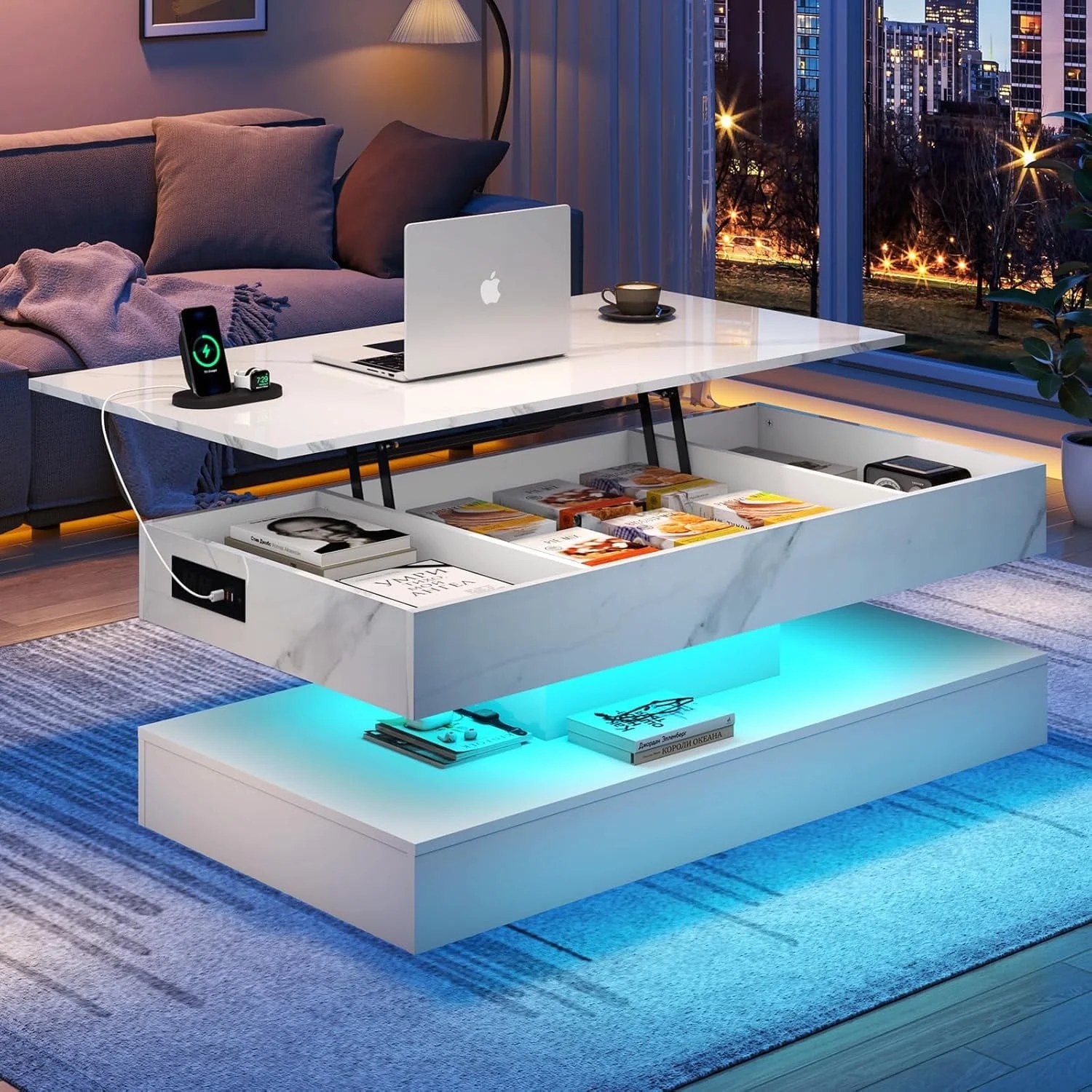 ChVans 47" Large Lift Top Coffee Table with Charging Station & LED Lights, High Glossy White LED Coffee Table with Hidden Compartment Storage, Modern Living Room Tables w/Marbling Print