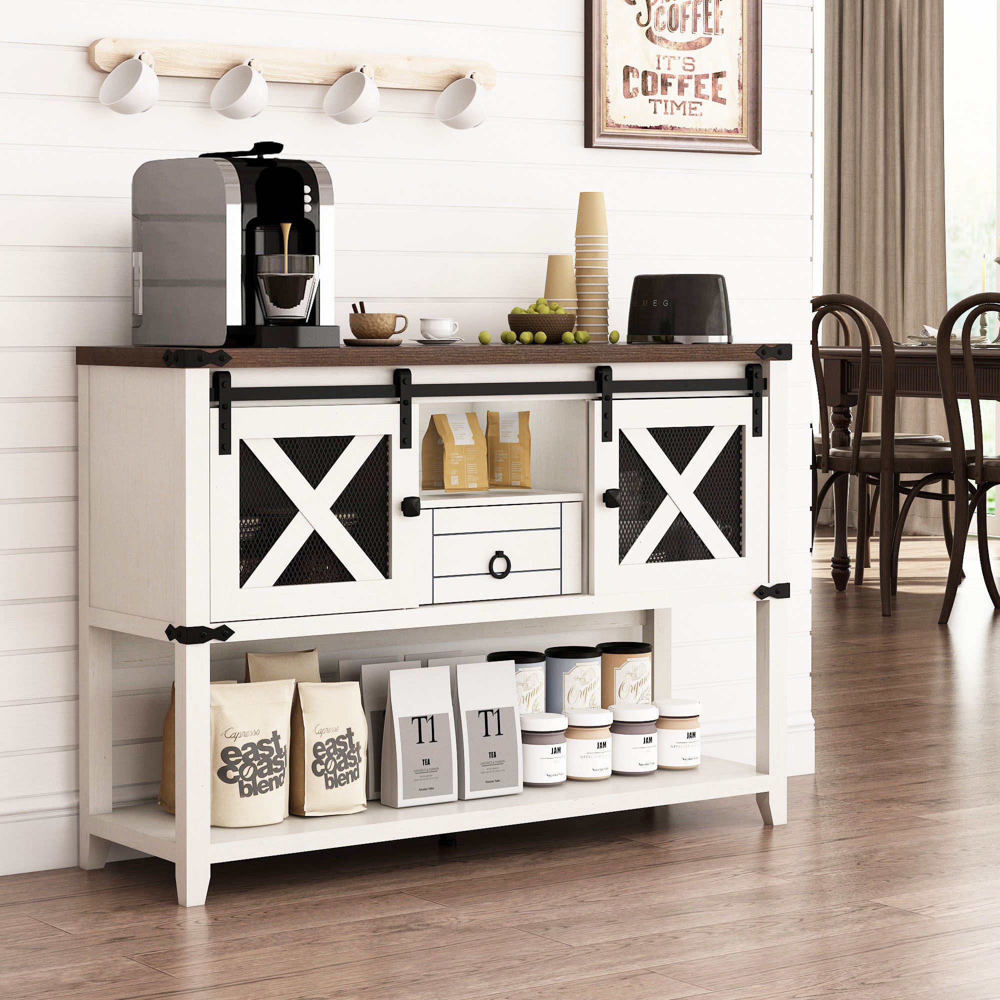 Rustic Sofa Table, Large Console Table Entryway Table with 2 Barn Door Cabinets & 1 Drawer for Living Room