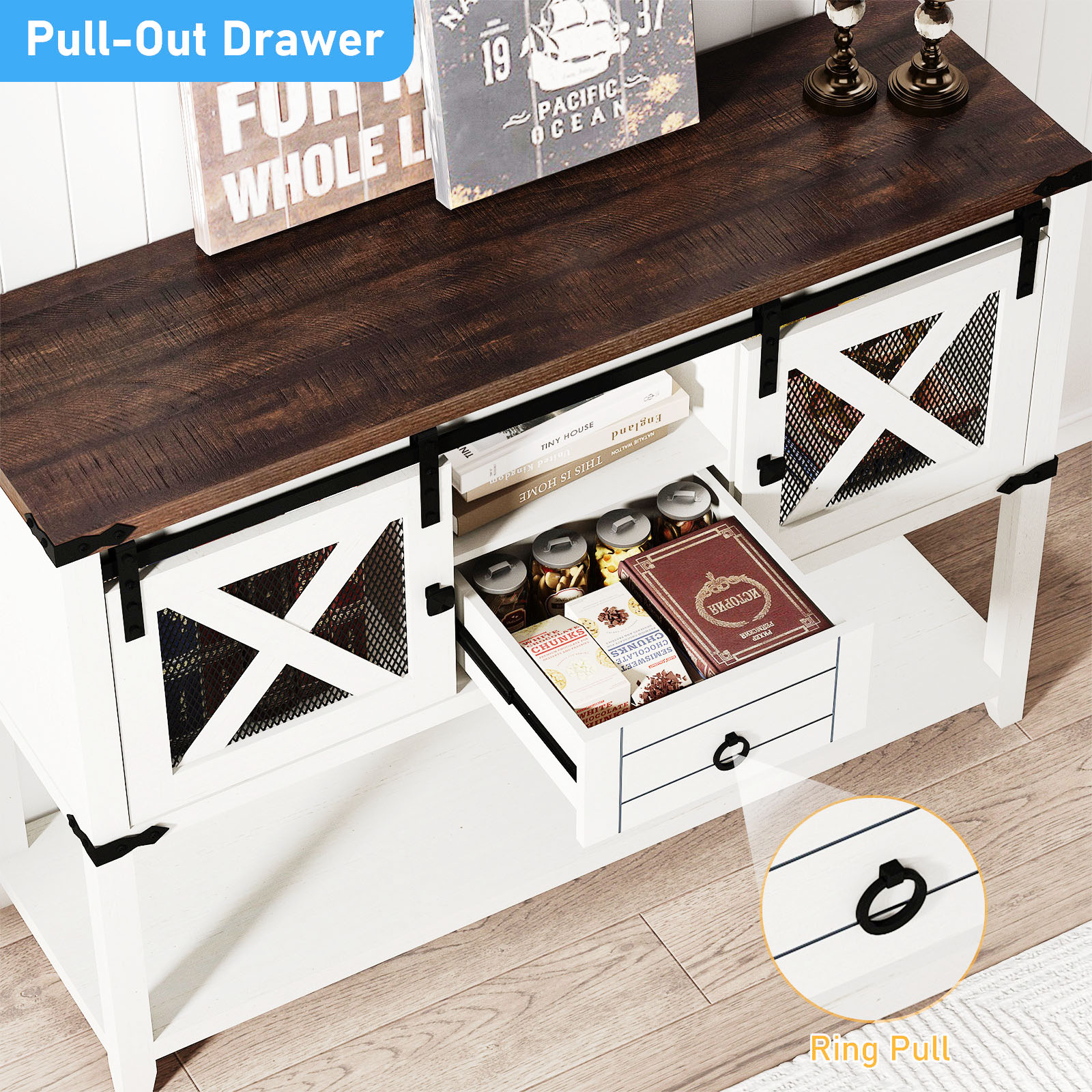 Rustic Sofa Table, Large Console Table Entryway Table with 2 Barn Door Cabinets & 1 Drawer for Living Room