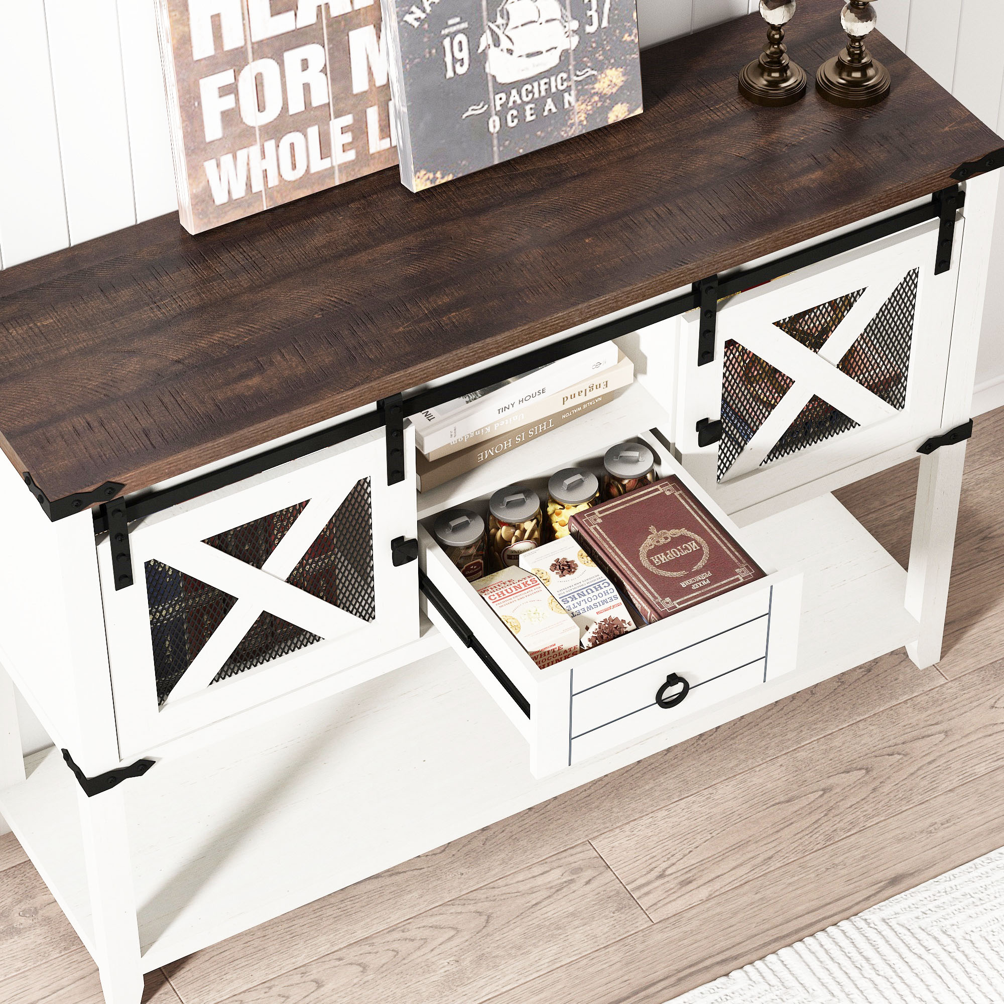Rustic Sofa Table, Large Console Table Entryway Table with 2 Barn Door Cabinets & 1 Drawer for Living Room