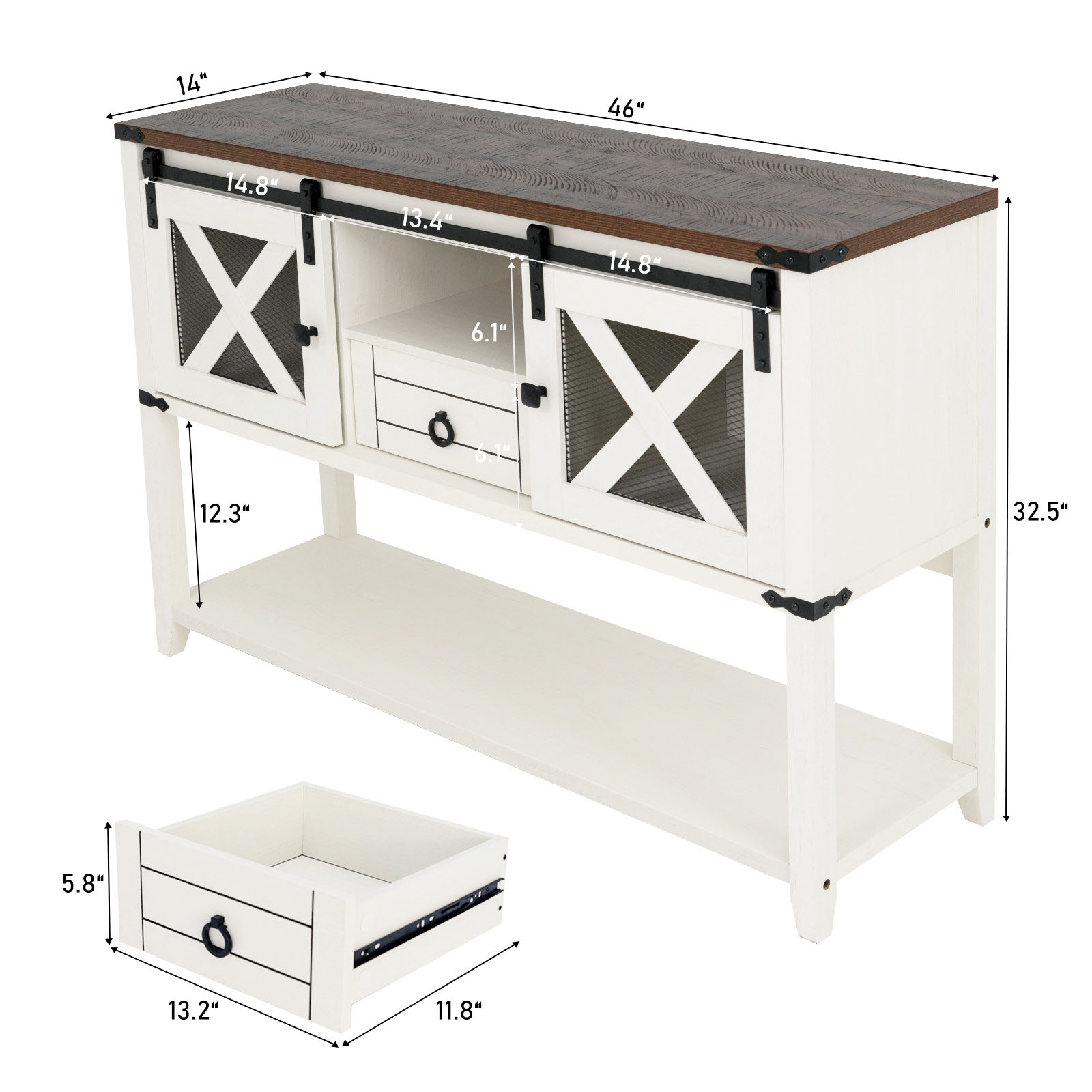 Rustic Sofa Table, Large Console Table Entryway Table with 2 Barn Door Cabinets & 1 Drawer for Living Room