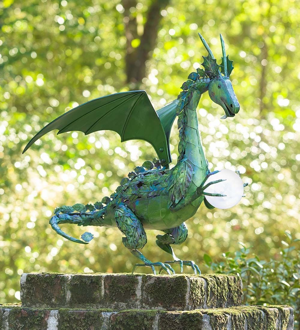 Metal Dragon Statue Holding Solar-Powered Pearl