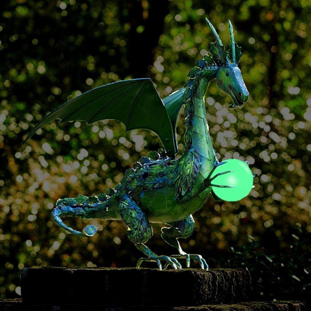 Metal Dragon Statue Holding Solar-Powered Pearl