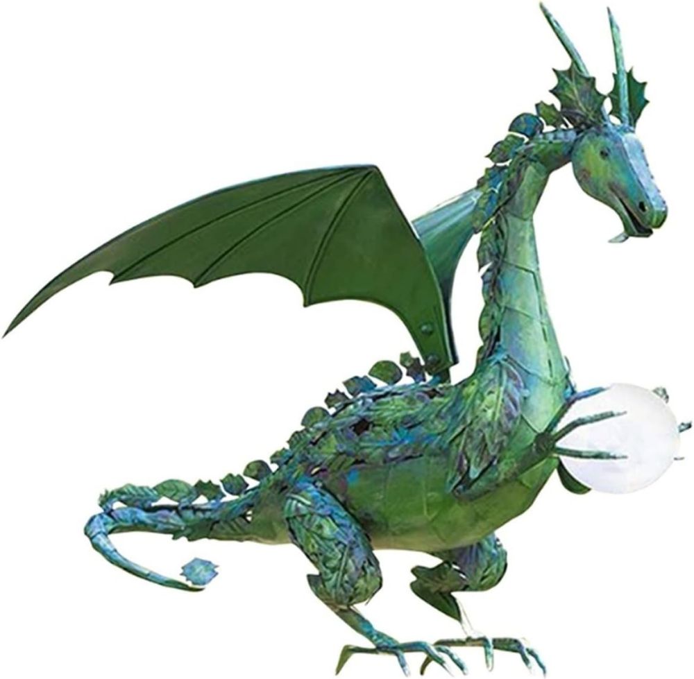 Metal Dragon Statue Holding Solar-Powered Pearl