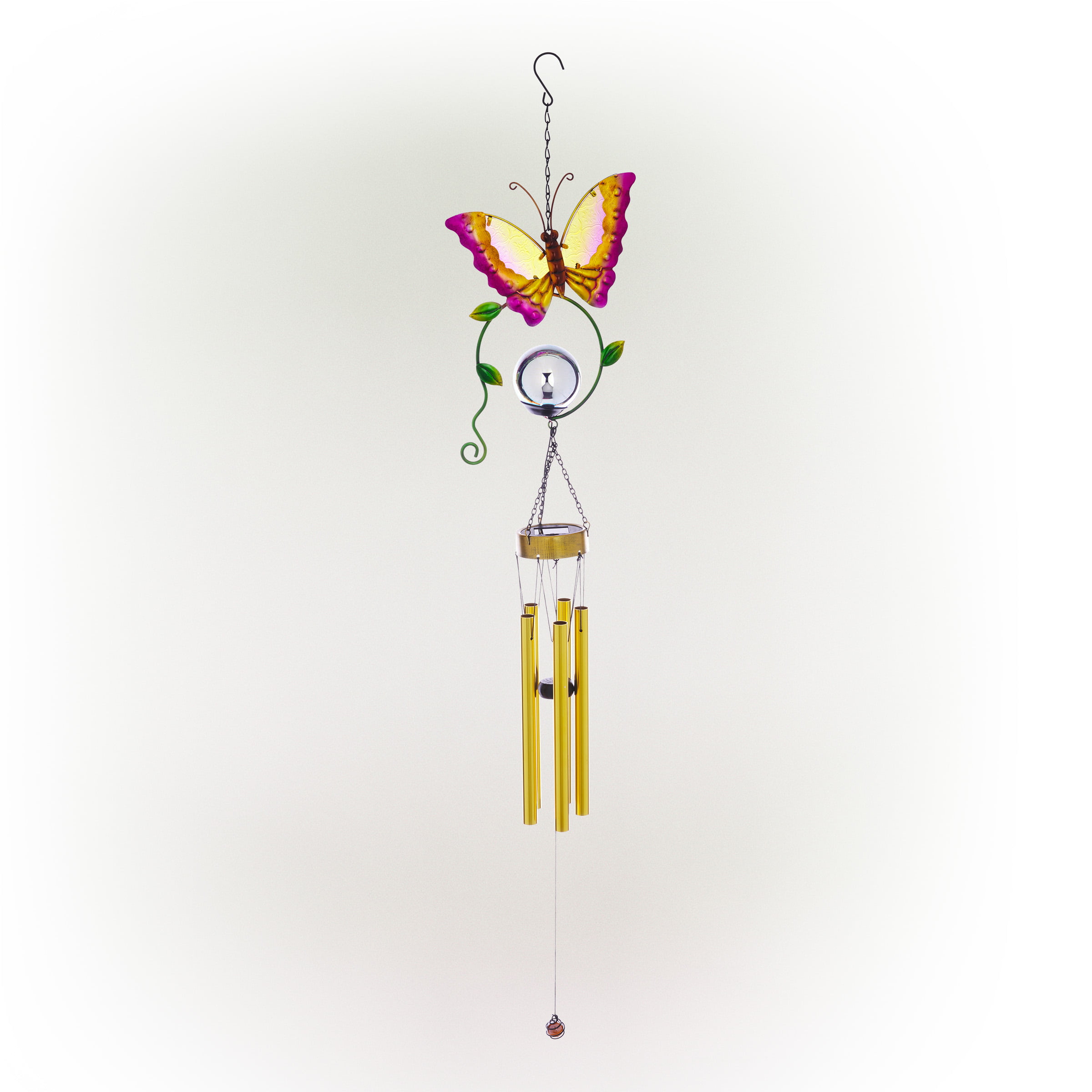 44" Hanging Outdoor Butterfly Metal Wind Chime, Solar-Powered LED