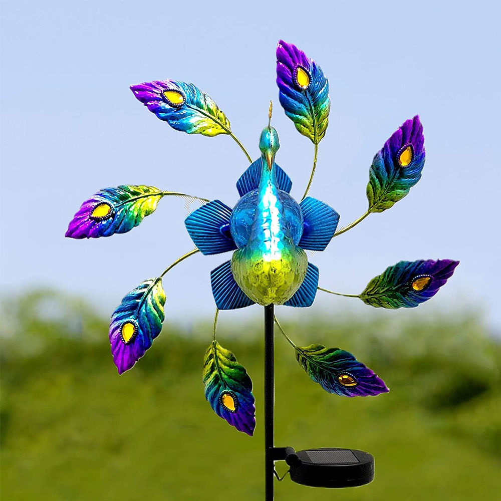Solar LED Light Windmill Peacock Art Wind Spinner 
