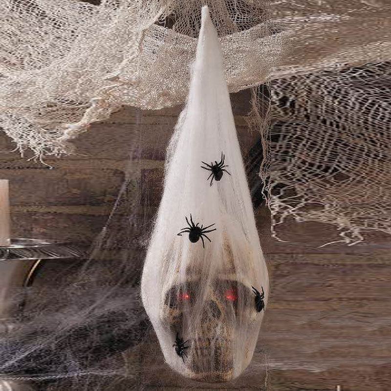 LED Skull in Spider Cocoon Halloween Decoration