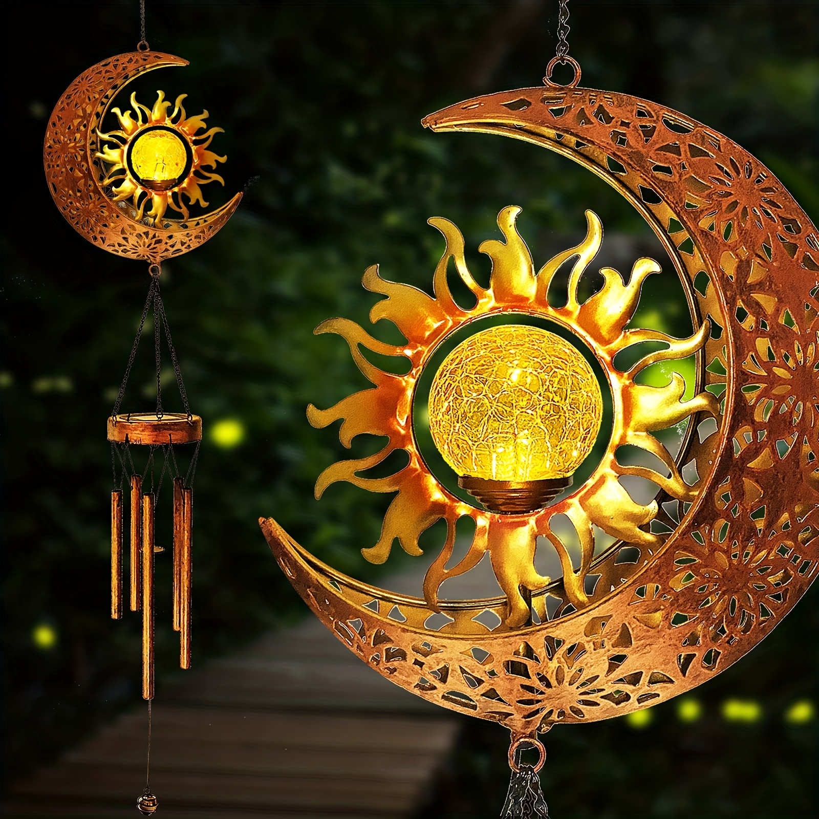 Solar Wind Chimes Outdoor Garden Decorative Wind Chime Light With Cracked Ball-Waterproof Metal LED Hanging Chime Decor (Moon & Sun)