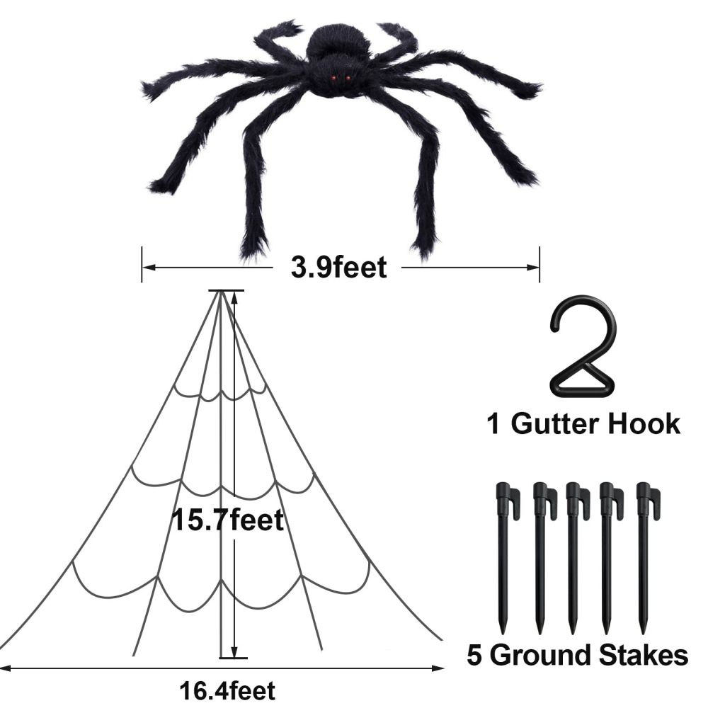 200" Triangular Spider Web + Giant Fake Spider-Halloween Garden Outdoor Decoration 