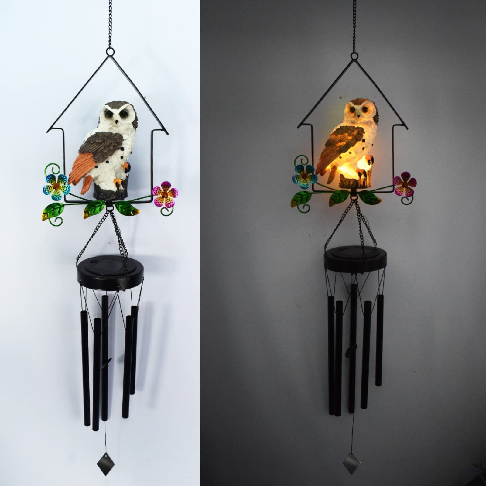Solar-Powered Owl Wind Chime with Illuminated Owl