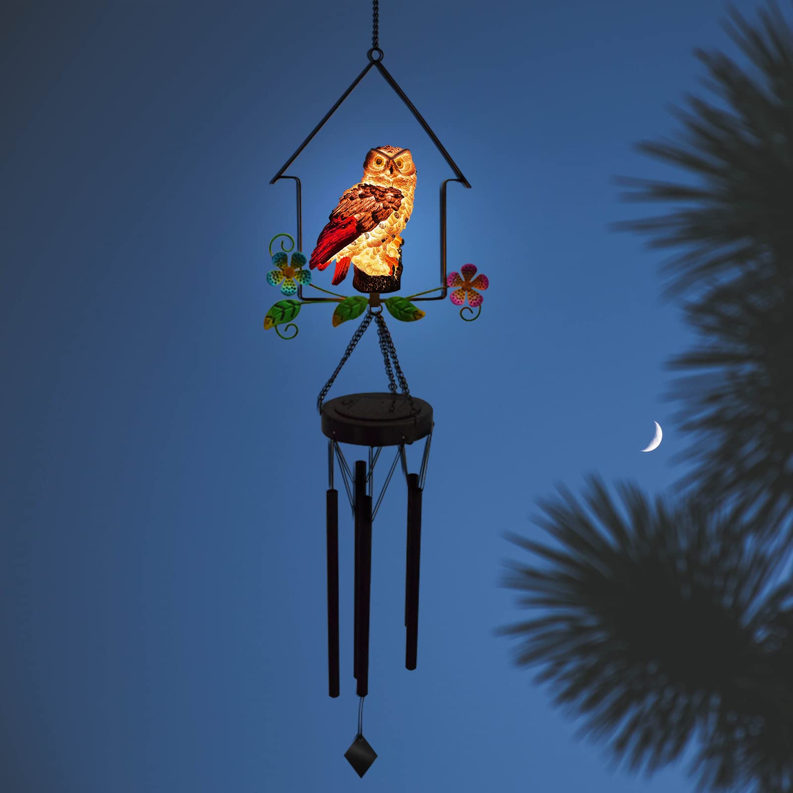 Solar-Powered Owl Wind Chime with Illuminated Owl