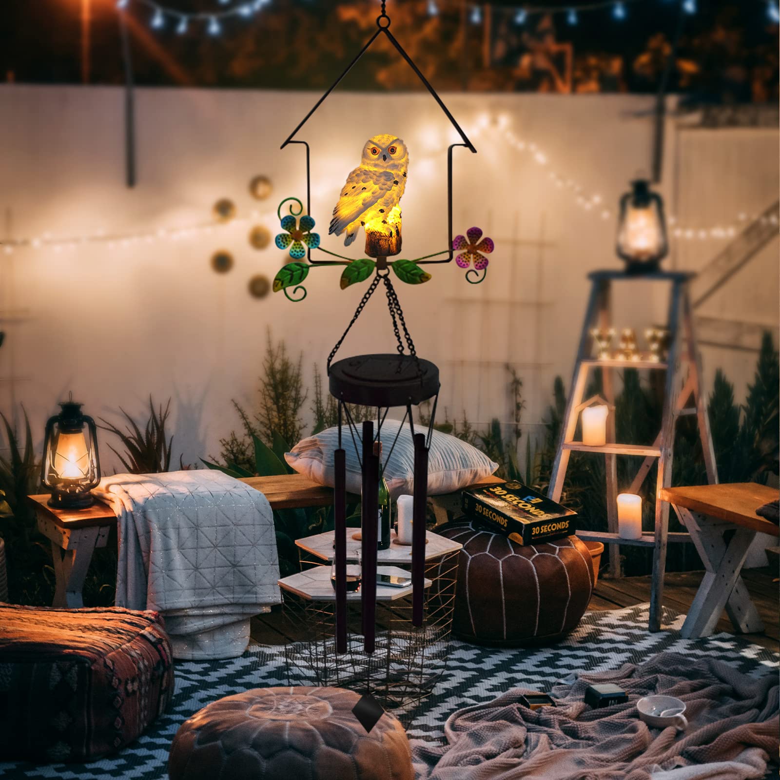 Solar-Powered Owl Wind Chime with Illuminated Owl - White