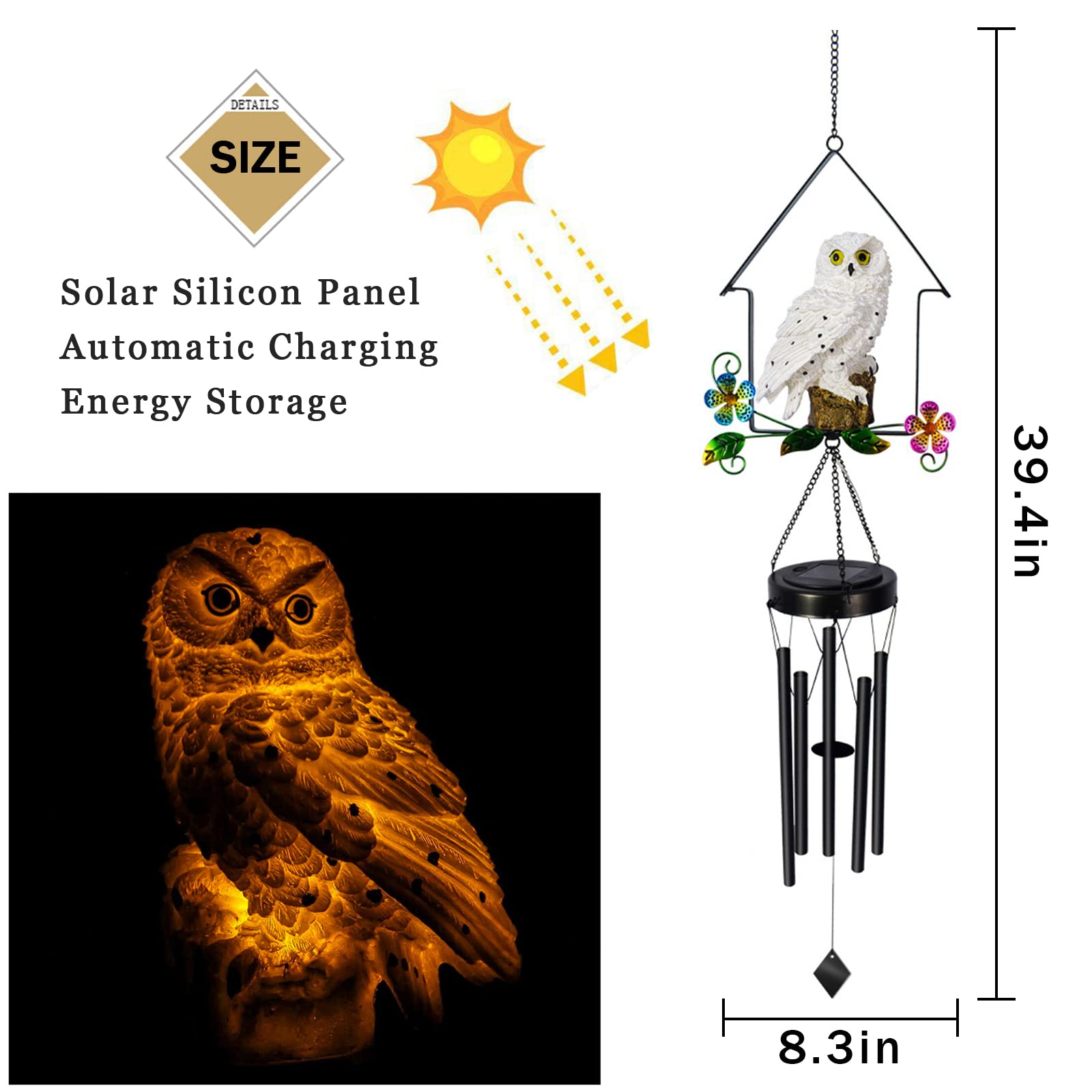 Solar-Powered Owl Wind Chime with Illuminated Owl - White