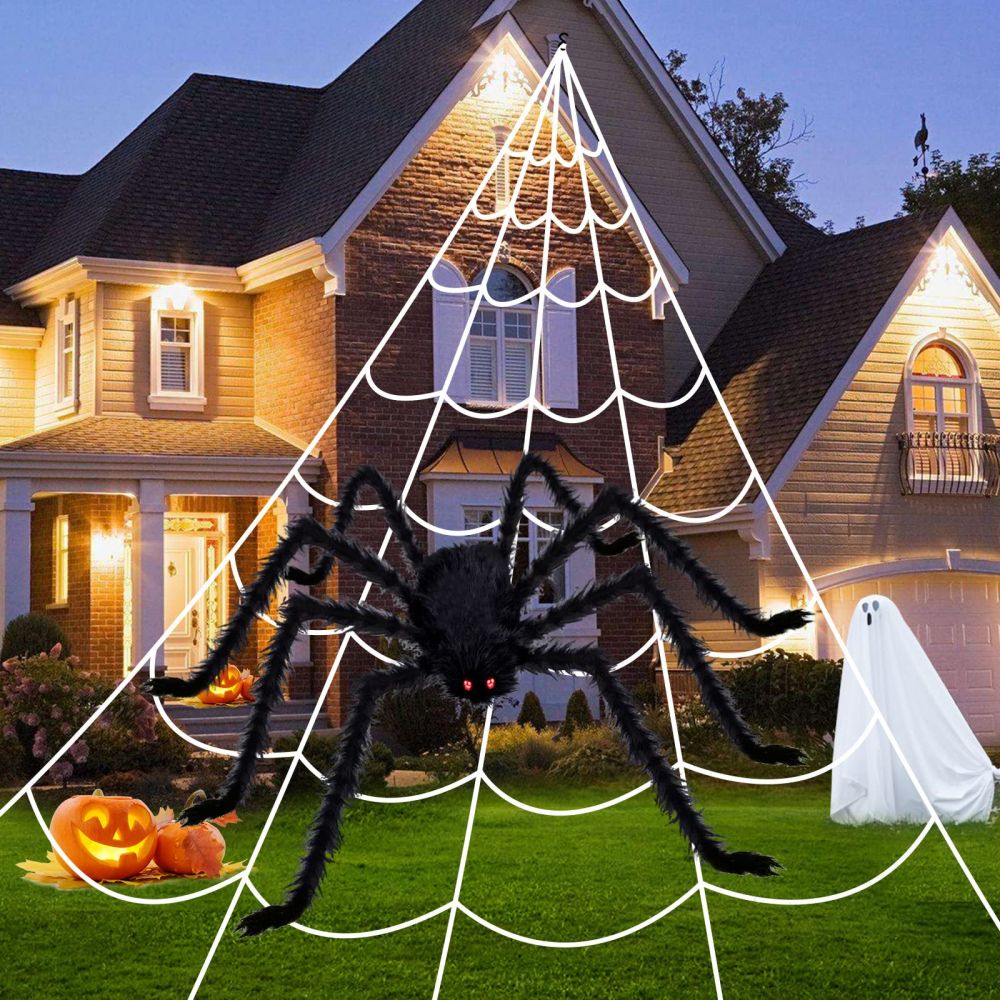 200" Triangular Spider Web + Giant Fake Spider-Halloween Garden Outdoor Decoration 