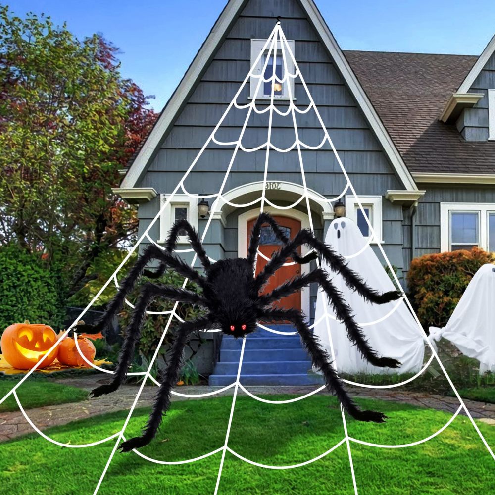 200" Triangular Spider Web + Giant Fake Spider-Halloween Garden Outdoor Decoration 