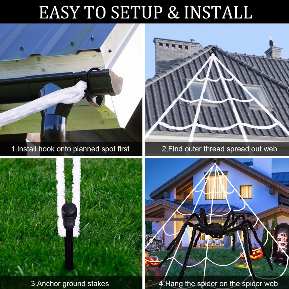 200" Triangular Spider Web + Giant Fake Spider-Halloween Garden Outdoor Decoration 
