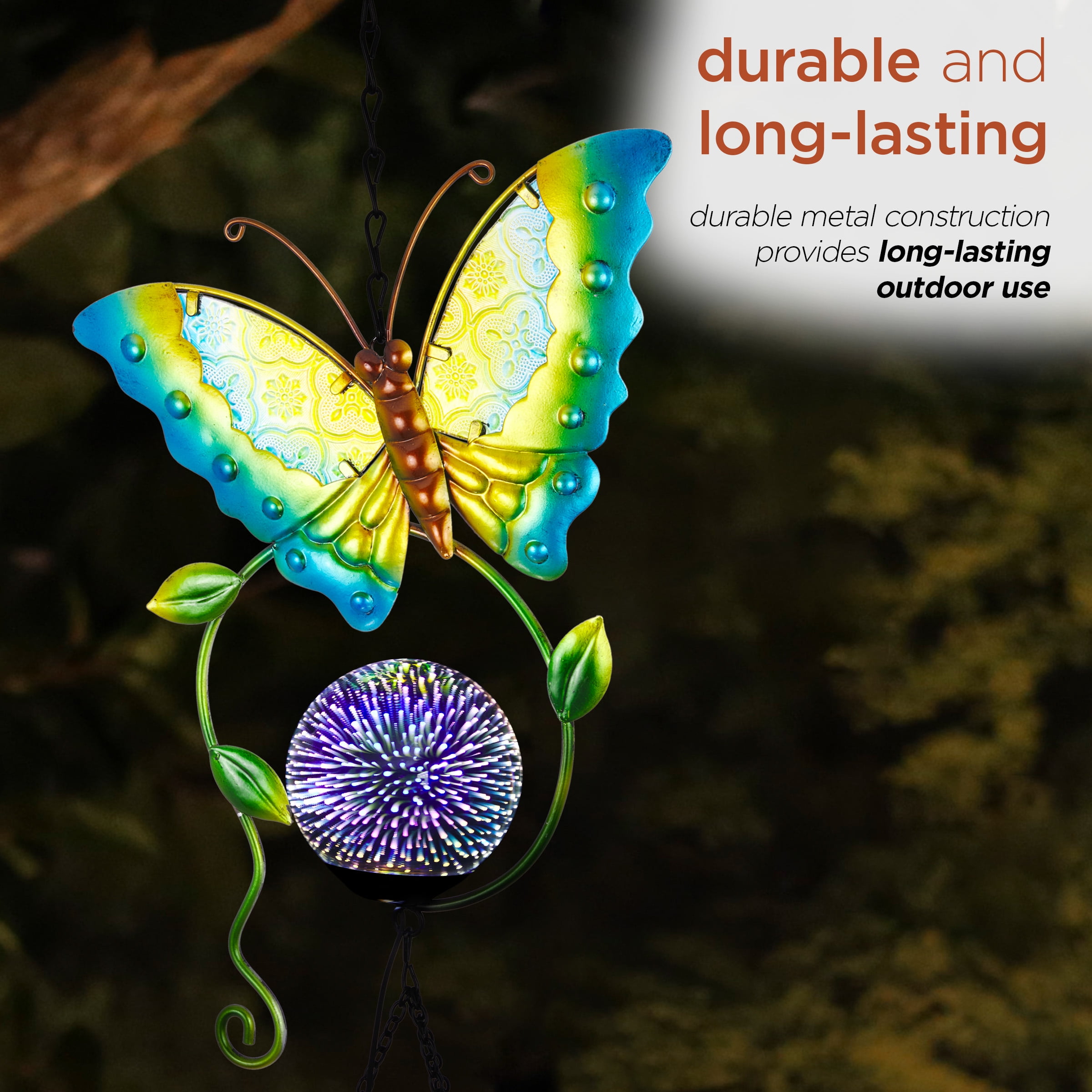 44" Hanging Outdoor Butterfly Metal Wind Chime, Solar-Powered LED