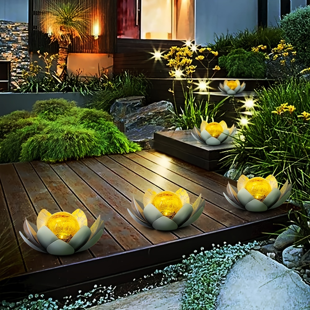 Solar Lights Outdoor Garden, Crackle Globe Glass Lotus Decoration