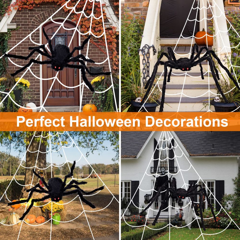 200" Triangular Spider Web + Giant Fake Spider-Halloween Garden Outdoor Decoration 