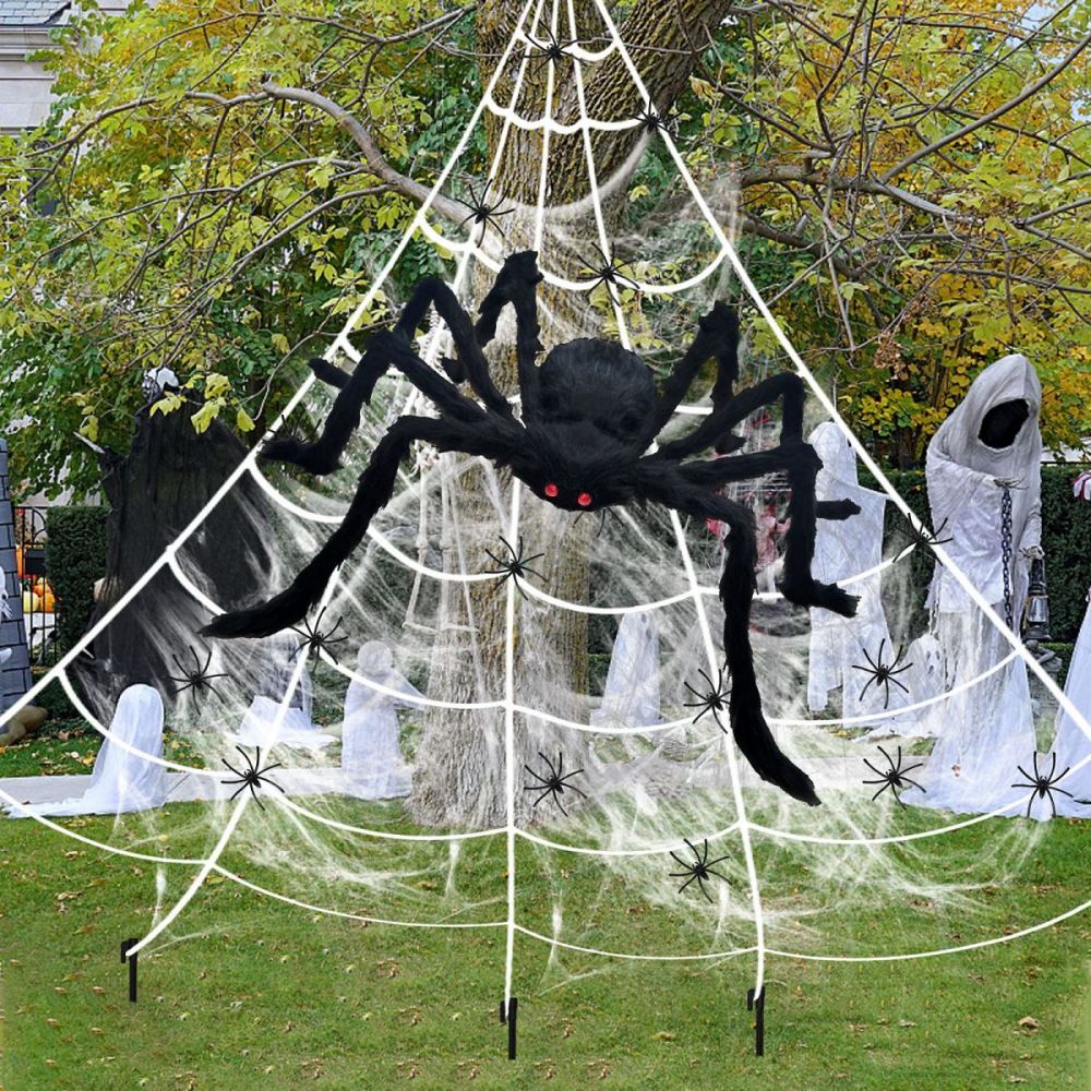 200" Triangular Spider Web + Giant Fake Spider-Halloween Garden Outdoor Decoration 