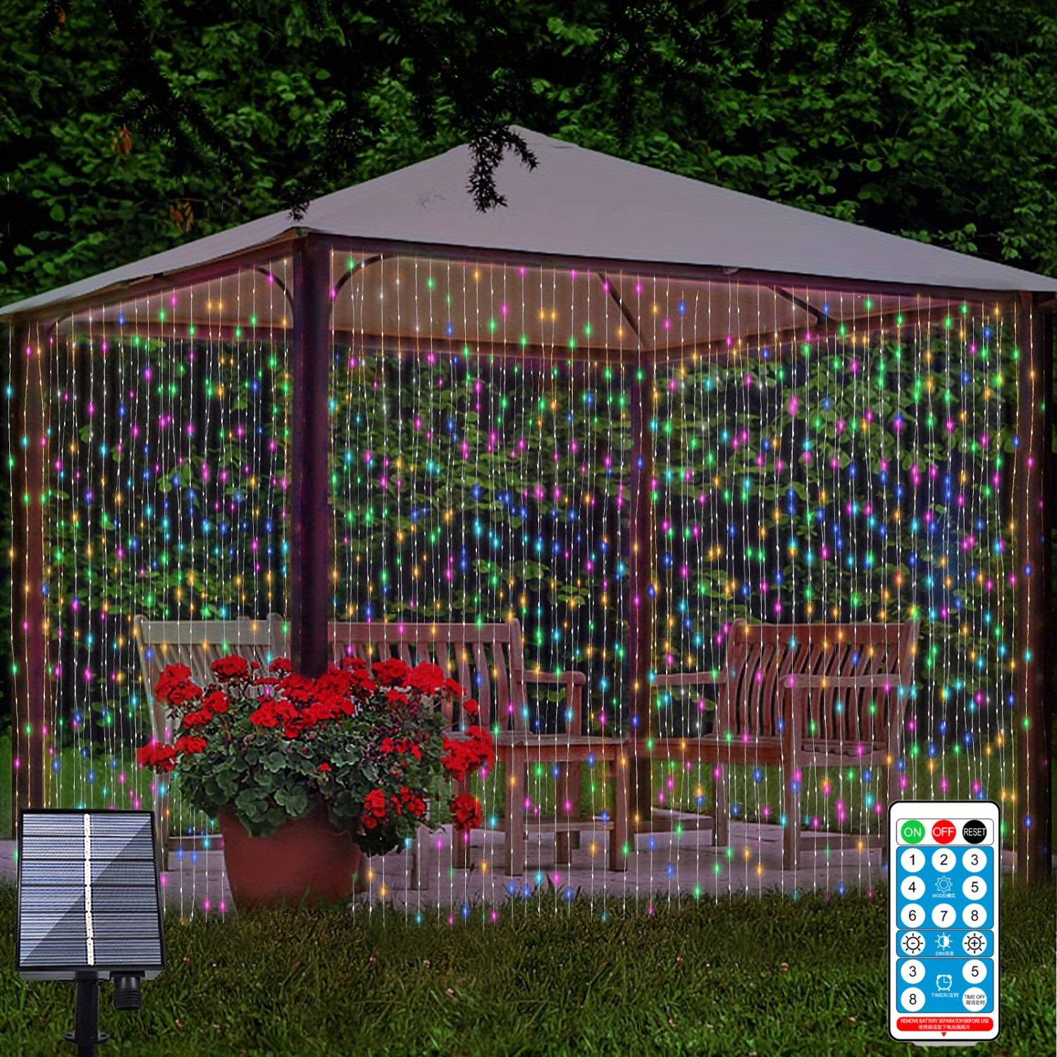 300 LEDs Solar Curtain Light, Outdoor Remote Control Light, 8 Lighting Modes Fairy Lights  IP65 Waterproof Copper Wire Lights Christmas Party Wedding Home Bedroom Garden Wall Decor, 8.86''x6.56''