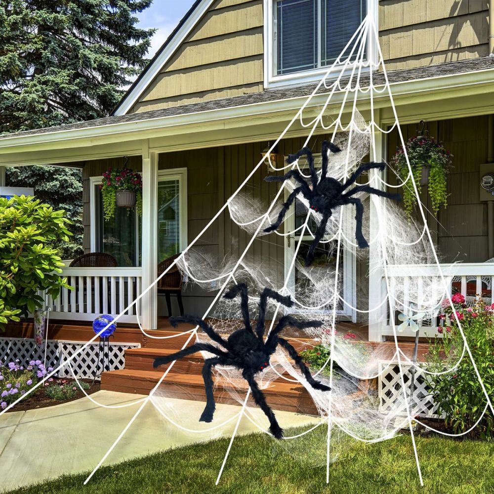 200" Triangular Spider Web + Giant Fake Spider-Halloween Garden Outdoor Decoration 