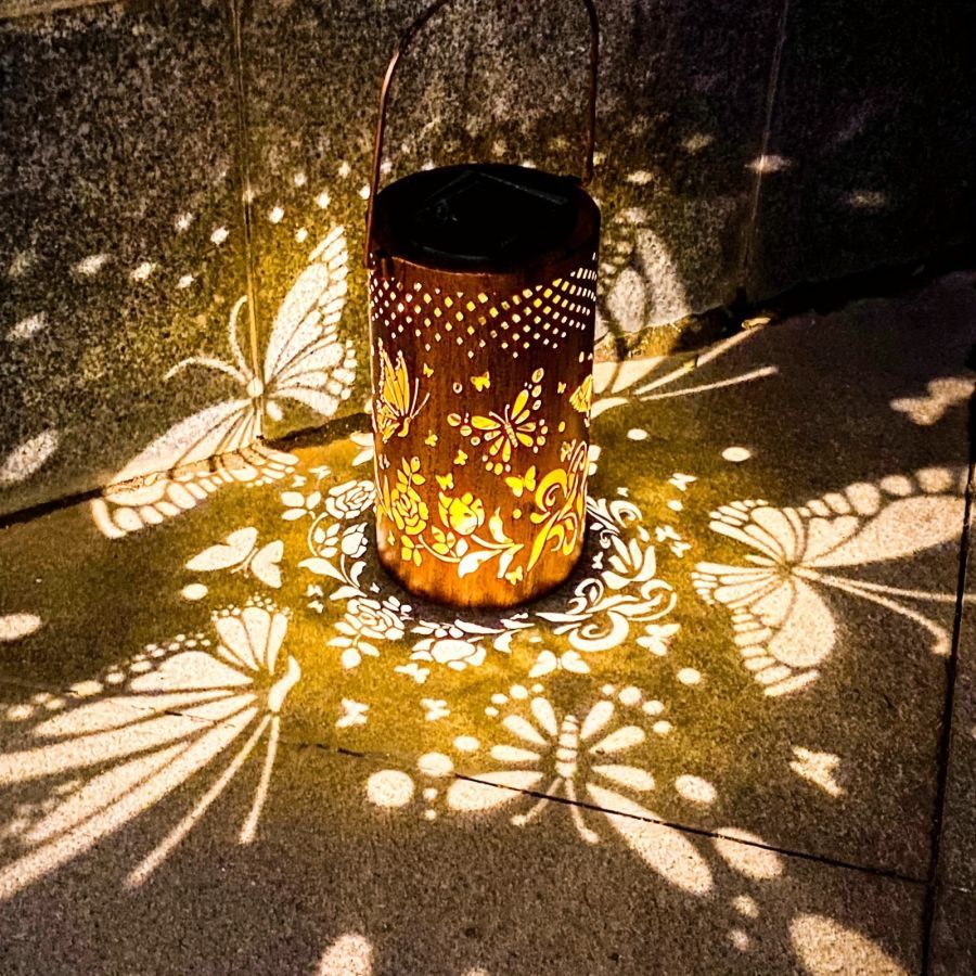 Solar-Powered Butterfly Cut-Out Metal Lantern with LED Light