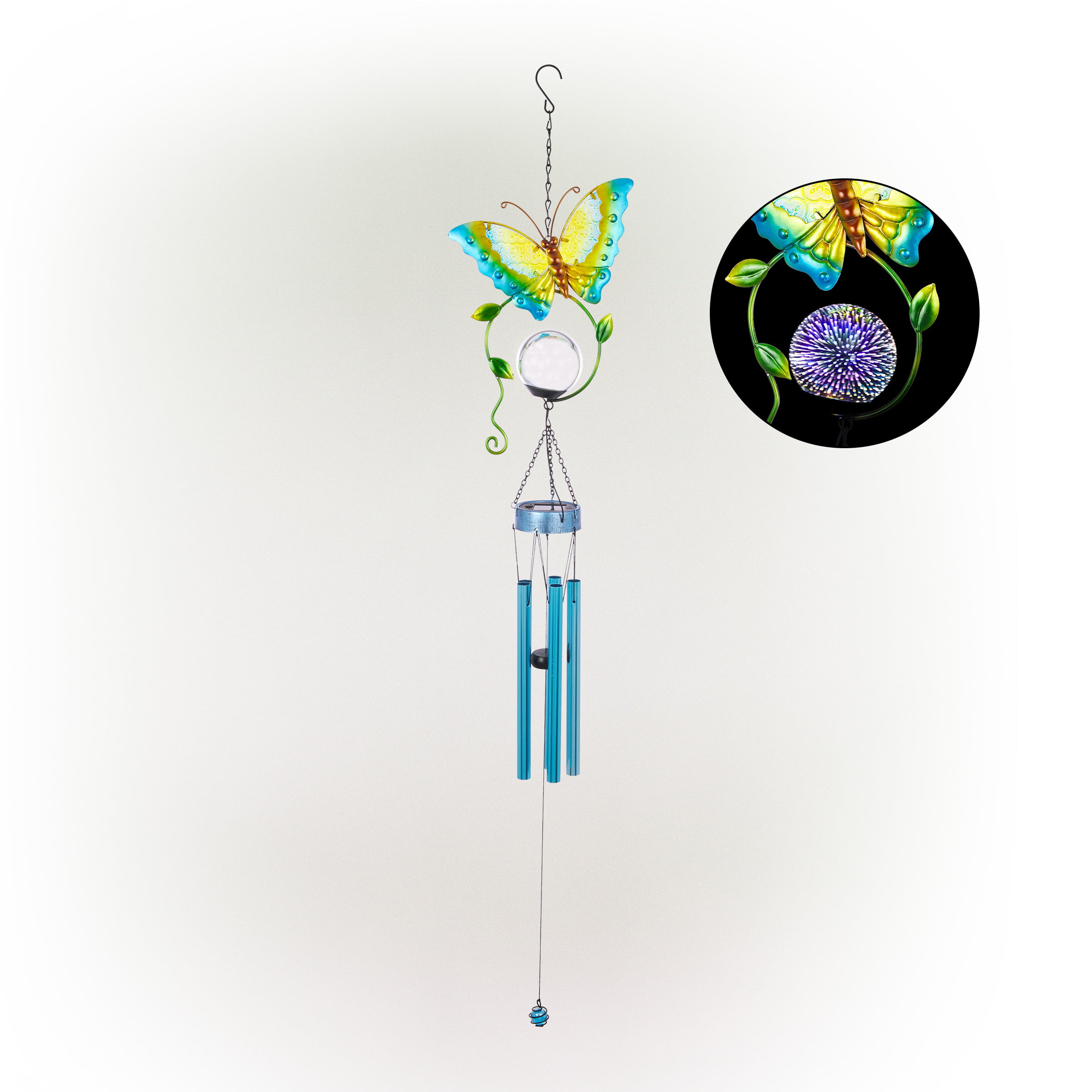 44" Hanging Outdoor Butterfly Metal Wind Chime, Solar-Powered LED
