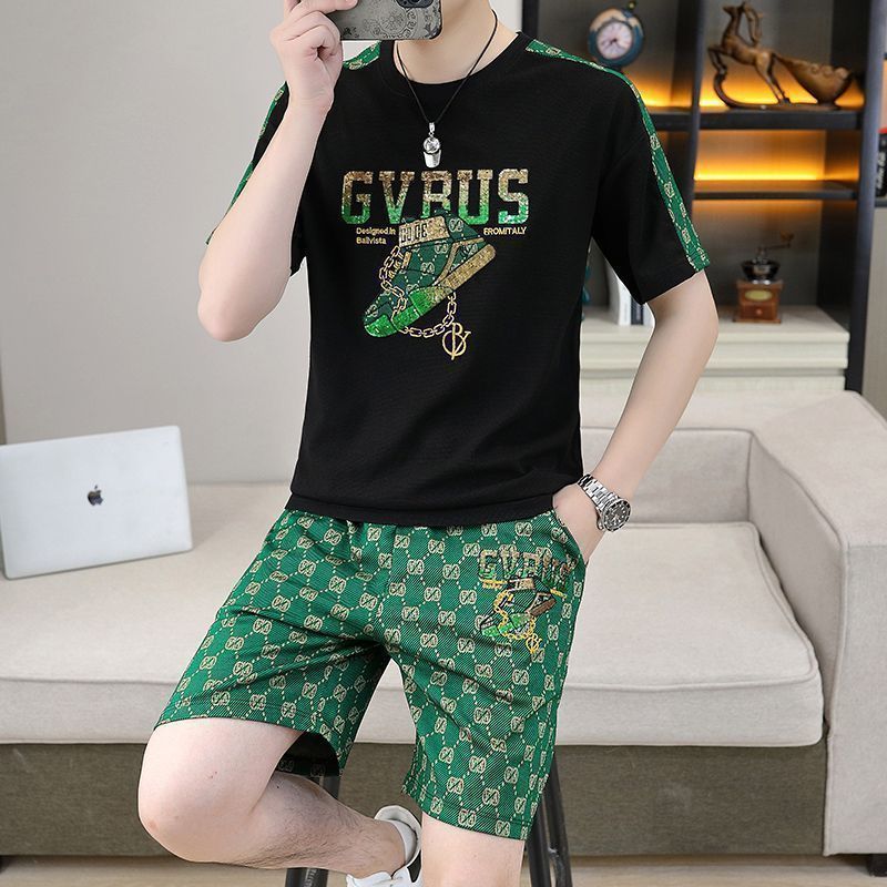 New trendy short-sleeved T-shirt + shorts casual suit men's handsome two-piece suit