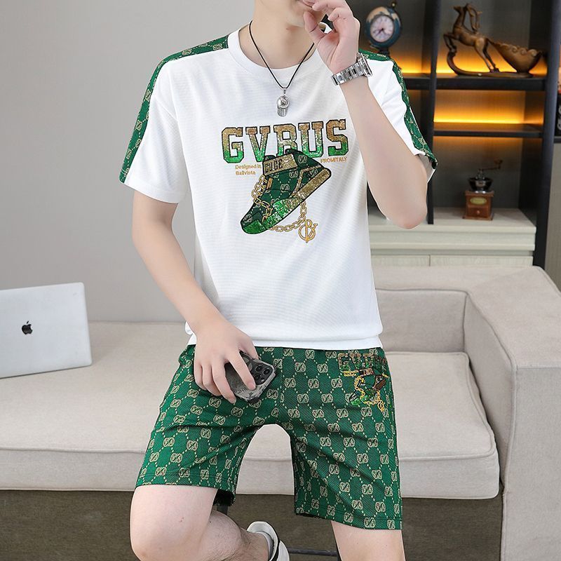 New trendy short-sleeved T-shirt + shorts casual suit men's handsome two-piece suit
