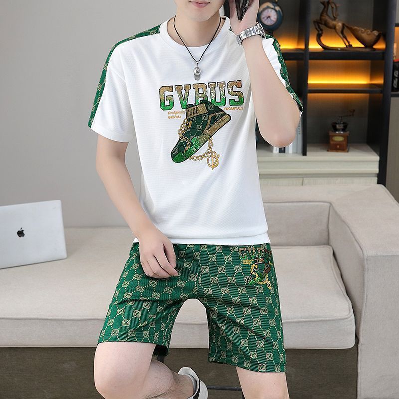 New trendy short-sleeved T-shirt + shorts casual suit men's handsome two-piece suit