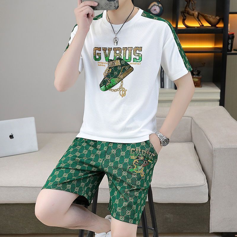 New trendy short-sleeved T-shirt + shorts casual suit men's handsome two-piece suit