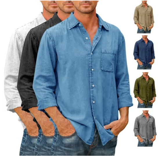 🔥Mens Denim Long Sleeve Button Down Shirt