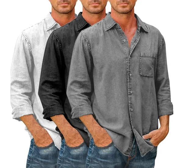 🔥Mens Denim Long Sleeve Button Down Shirt