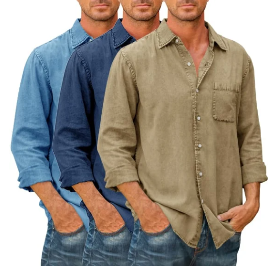🔥Mens Denim Long Sleeve Button Down Shirt